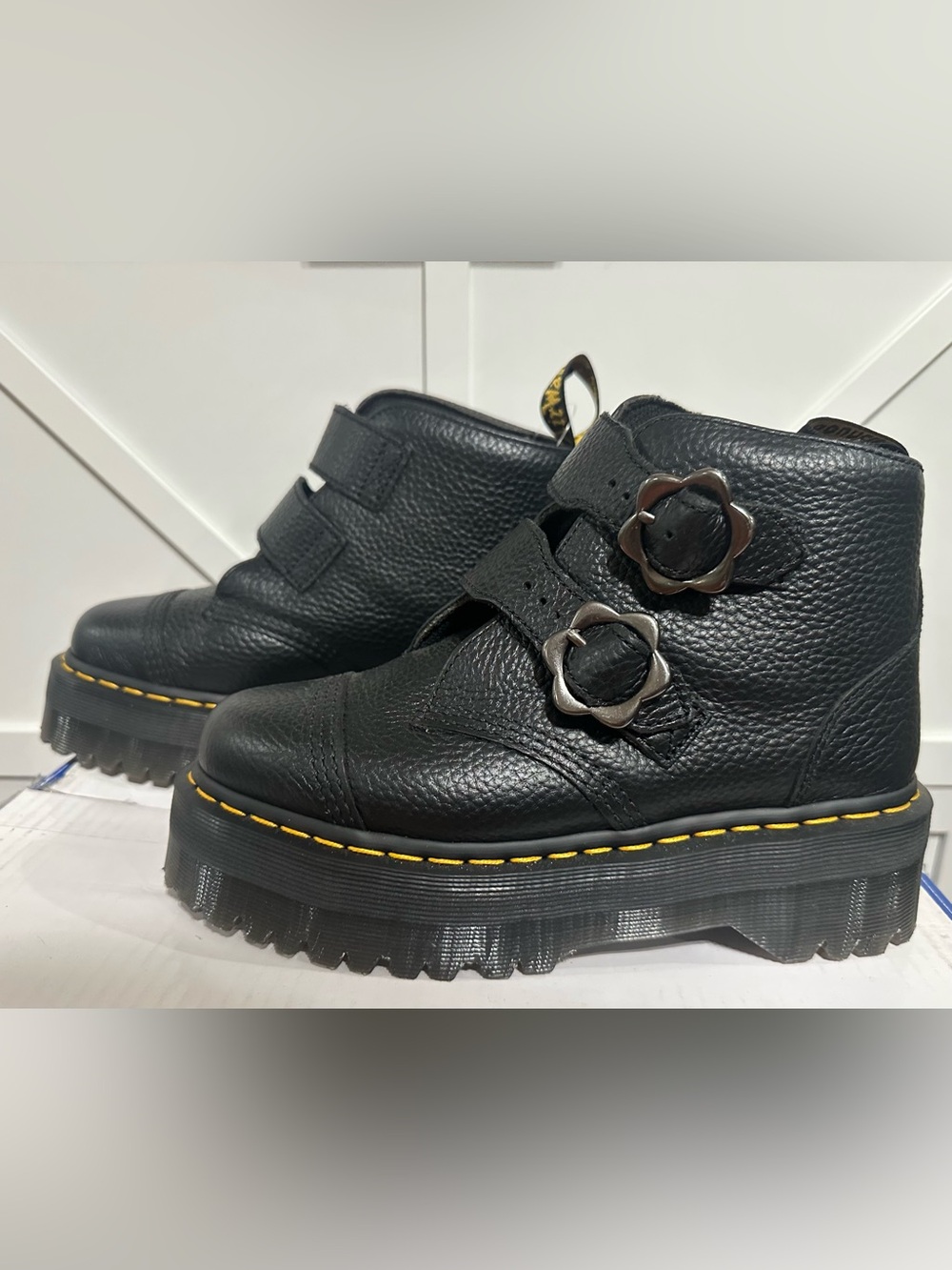 Dr. Martens Devon Flower Black Leather Platform Ankle Boots with Yellow Stitch